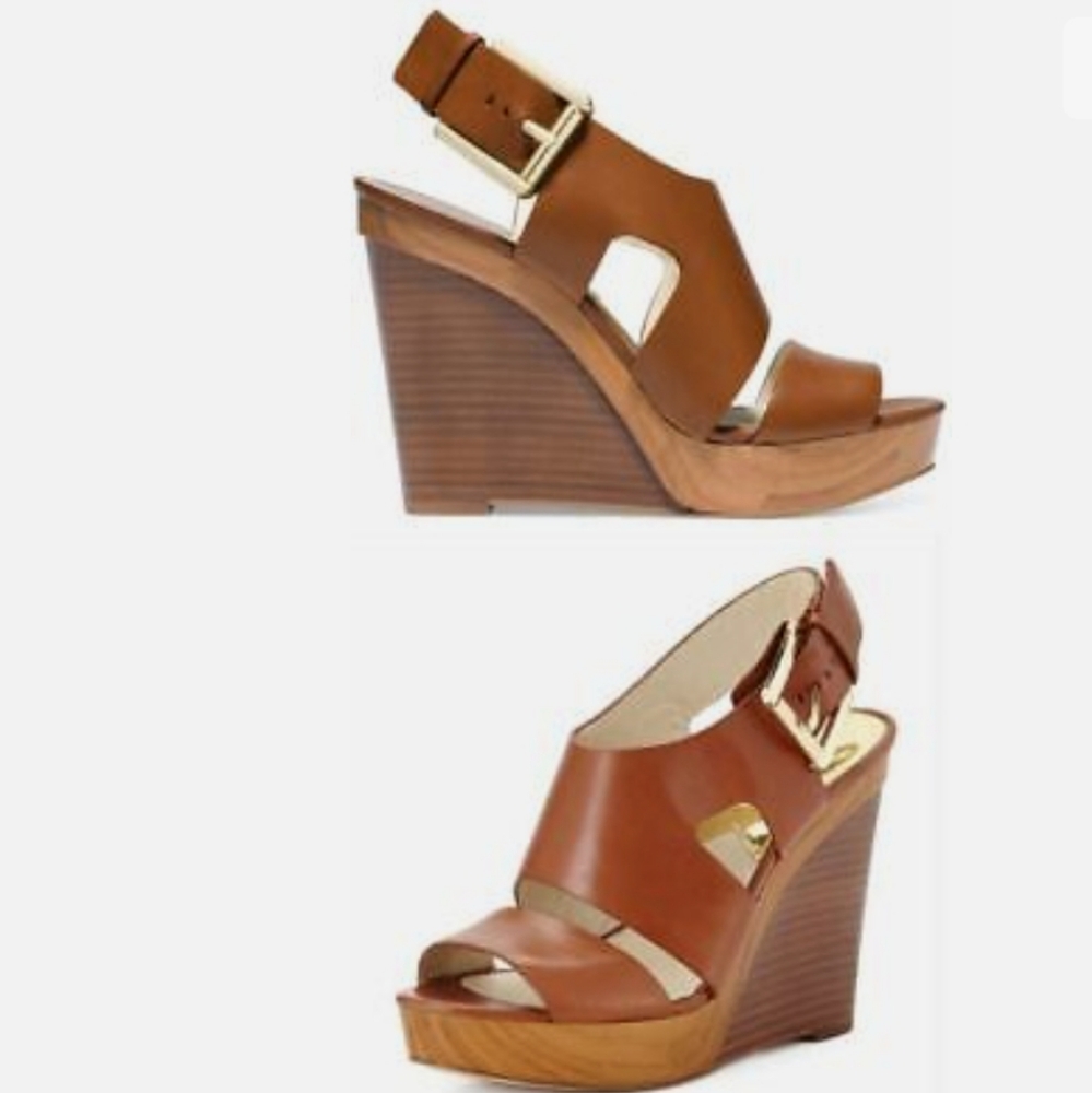 Michael Michael Kors Carla Platform Wedge Leather Sandals Luggage Size 9-1/2 NWT